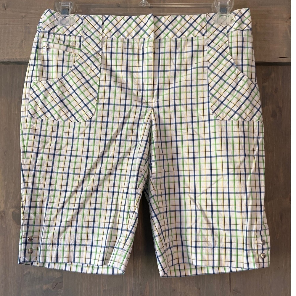 Greg Norman Bermuda Golf Shorts Women's Size 8 Snap Bottom Plaid Stretch